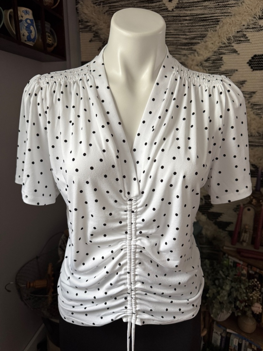 Adrianna Papell White Top with Black Polka Dots and Ruched Front